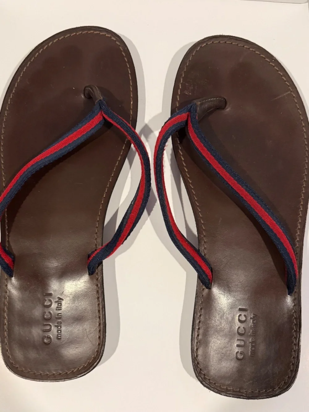 Gucci Brown Leather Flip Flops with Red & Blue Straps